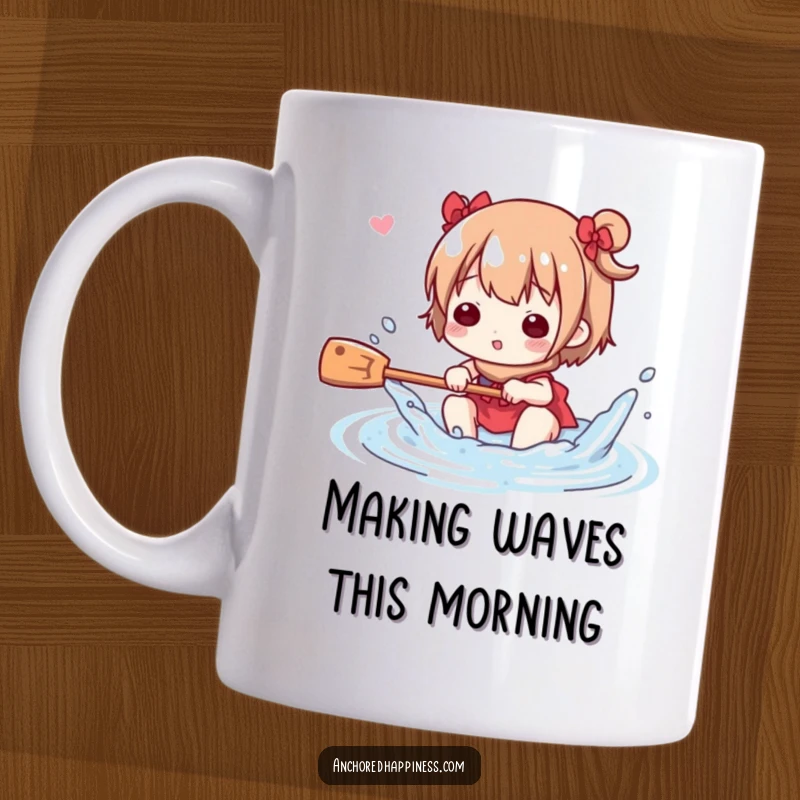 Funny Mug: Cute character playfully splashing water with a small oar, a cheerful scene of aquatic fun, perfect for gifting.