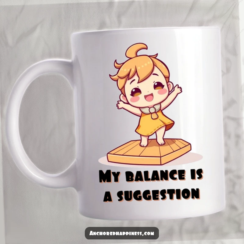 Funny mug with a character doing a silly, energetic dance on a slightly tilted wooden deck, capturing pure uninhibited joy and humor.