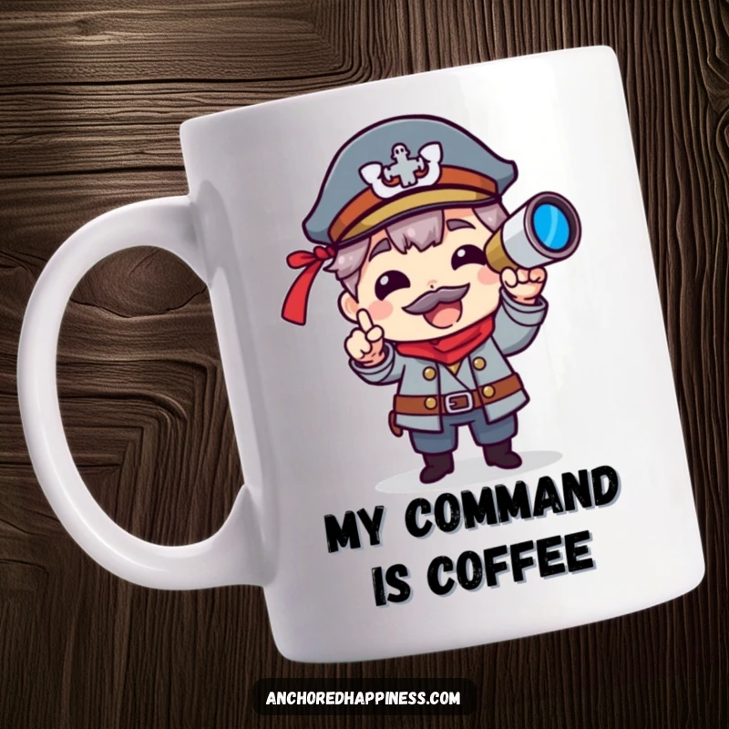 Funny mug featuring a cartoon captain character pointing with a spyglass, ready for adventure humor.
