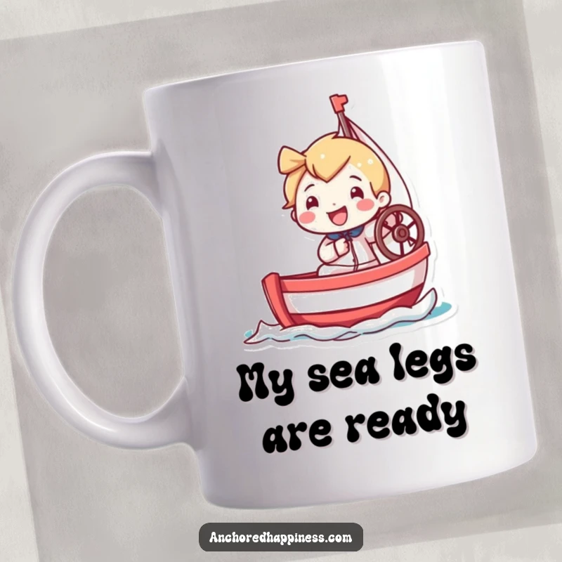 Funny mug featuring a tiny character with a huge grin enthusiastically steering a miniature sailboat, capturing pure nautical fun.