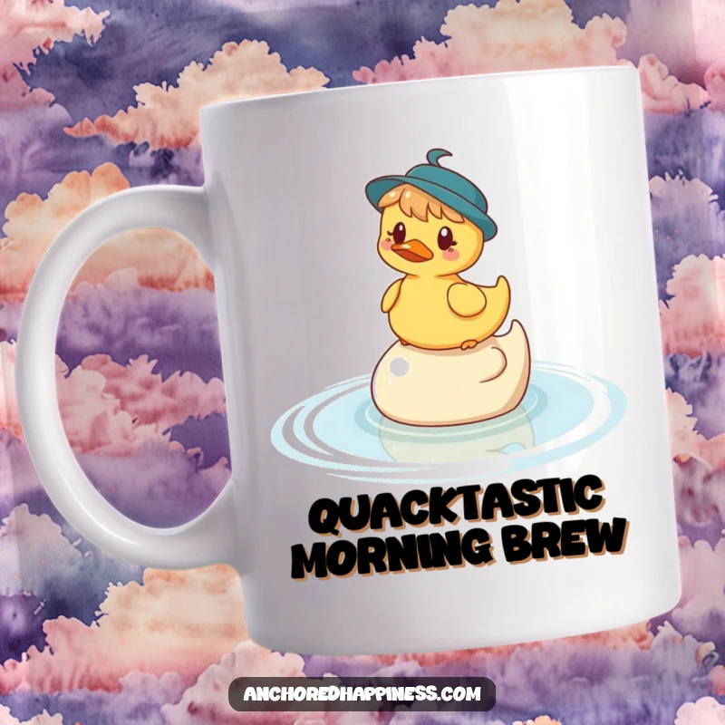 Funny mug showing a whimsical character precariously balanced on a rubber ducky in the water, capturing a moment of delightful absurdity.