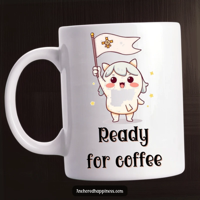 Funny mug of a cute character enthusiastically raising a signal flag, conveying excitement and readiness.