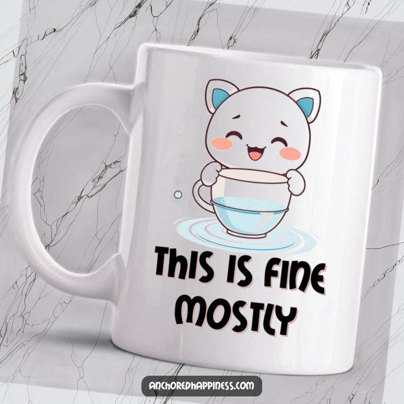 Funny mug showing a grinning character comically attempting to bail water out of a boat or puddle using a minuscule teacup.