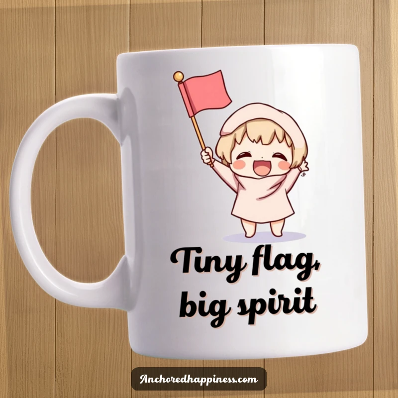 Funny Victory Mug: Small character excitedly brandishes a tiny, fluffy flag, embodying pure joy and the spirit of celebration.