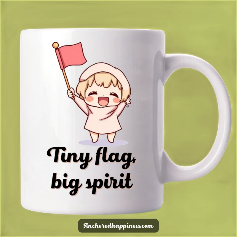 Funny Victory Mug: Excited Character Waves Tiny Fluffy Flag - Cheerful Gift