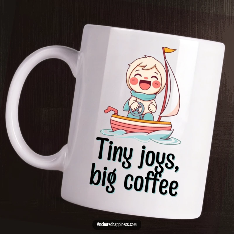 Funny mug with a beaming character giggling while steering a tiny toy sailboat, radiating pure joy and playfulness.