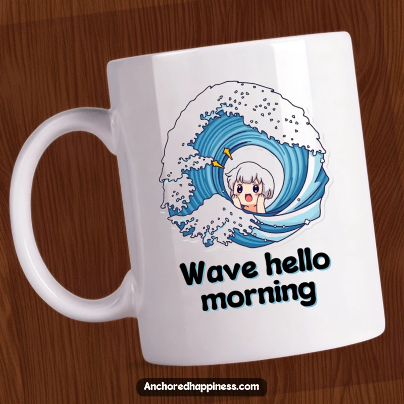 Funny mug showing a cute character’s wide-eyed surprise and shock as a huge wave looms over them.