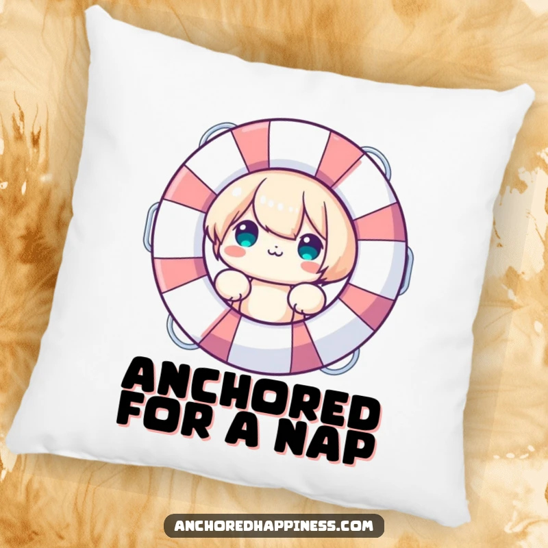 Funny Pillow: Cute character peeking from behind a large life preserver, offering cozy comfort and playful safety, a soft funny gift.