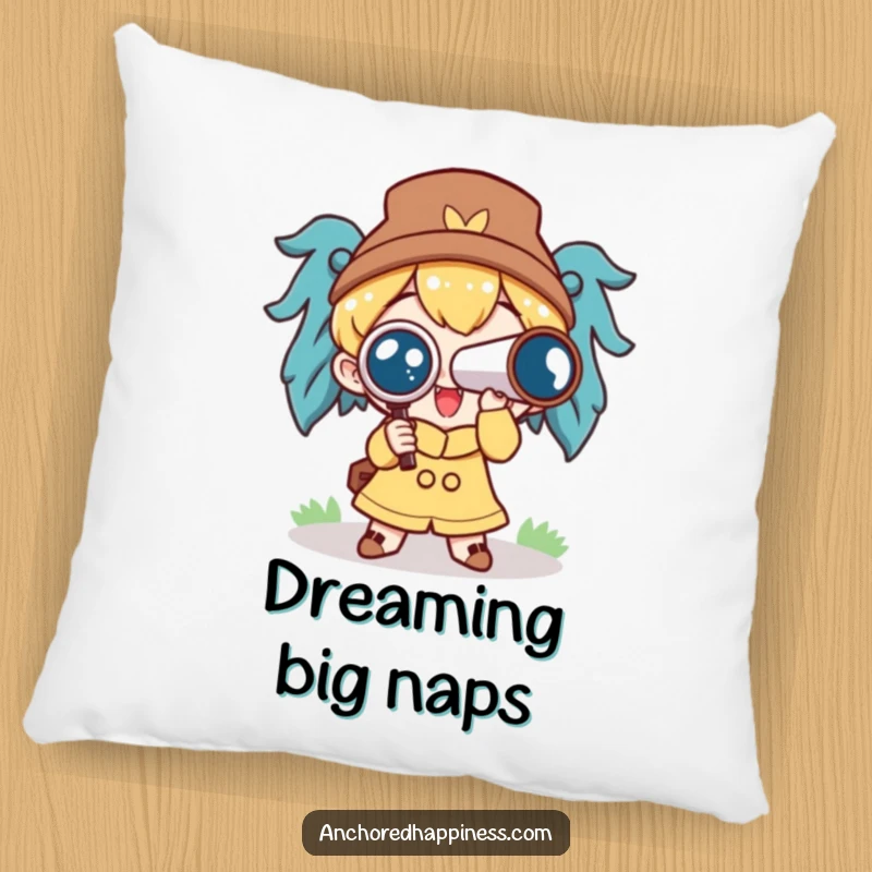 Funny pillow with a cute character holding a spyglass, looking forward with excitement, perfect for a cozy, humorous touch.