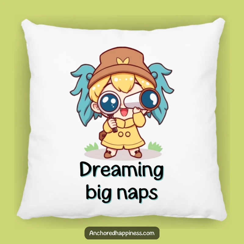 Funny Spyglass Pillow: Cute Character's Excitement for Cozy Discovery