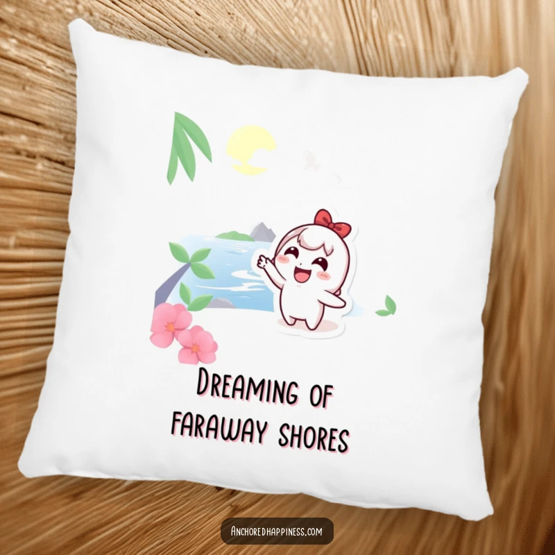 Funny Pillow: Cute character pointing at a distant island, a cozy accent for dreaming of adventures, a soft funny gift.