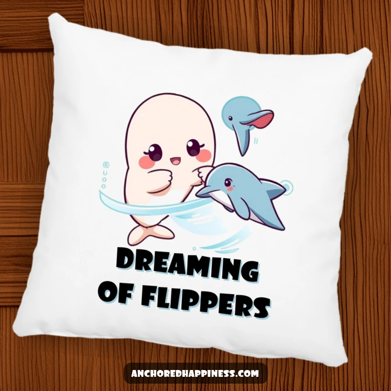 Funny kawaii dolphin surprise pillow, character surprised, pointing at dolphin, soft and decorative, humorous ocean theme, funny gift.