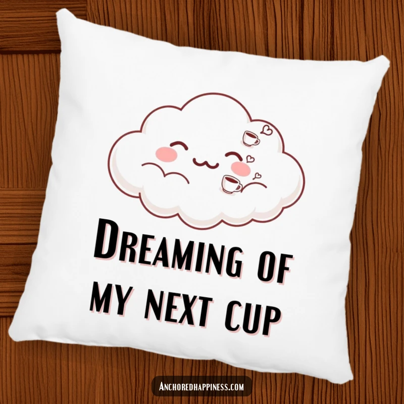 Funny pillow with a contented cloud exhaling tiny coffee cups. Soft and humorous decor for a coffee lover's sanctuary. Cozy and comical.
