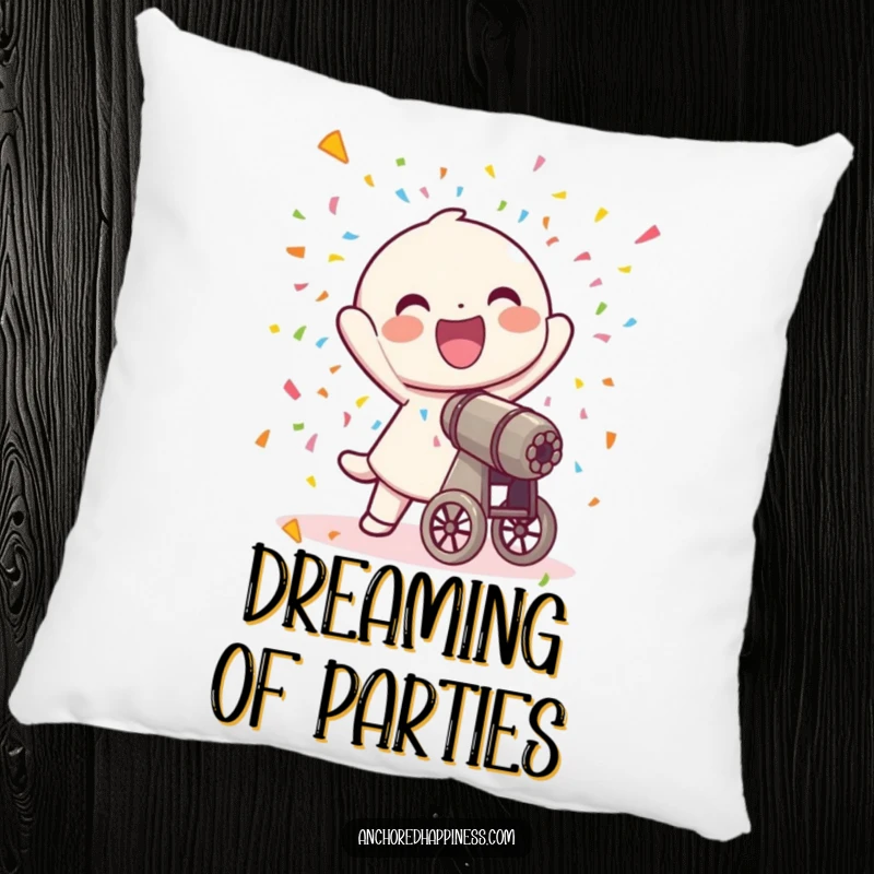 Funny pillow featuring a joyful character firing a confetti cannon, with colorful confetti surrounding.