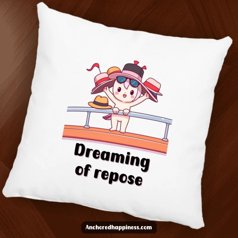 Funny pillow featuring a cute character balancing many hats on a yacht railing, perfect for cozying up.