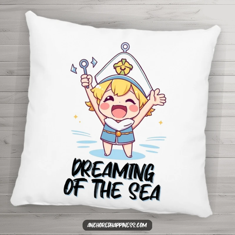 Funny anchor cheer pillow with a cheerful character holding a tiny anchor aloft, perfect for adding nautical humor to any room.