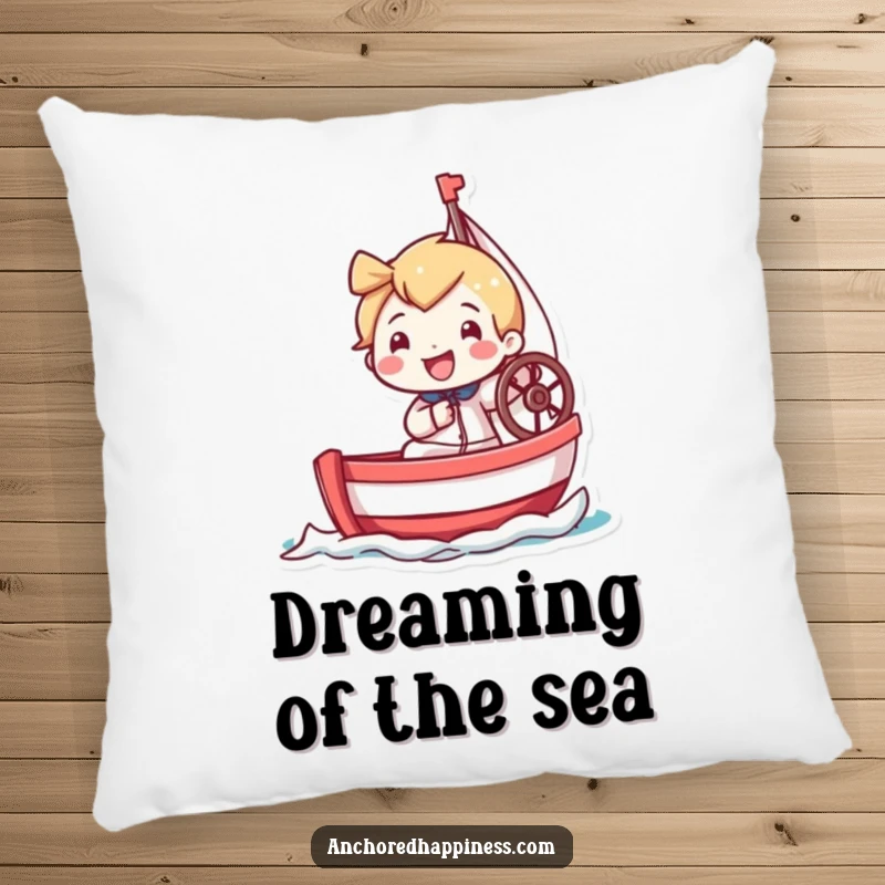 Funny pillow with a tiny character sporting a wide grin, enthusiastically steering a miniature sailboat, bringing comfort and nautical fun.