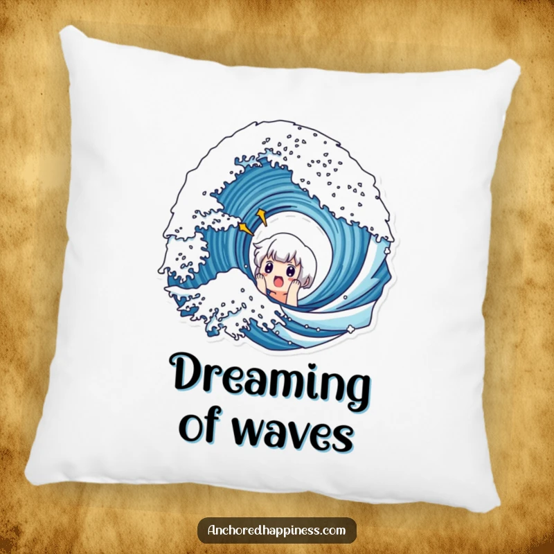 Funny pillow featuring a cute character with a comically surprised expression at a large wave, great for cozy humor.