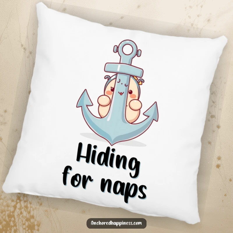 Funny pillow featuring a plump character shyly peeking from behind a giant anchor, with a soft expression.