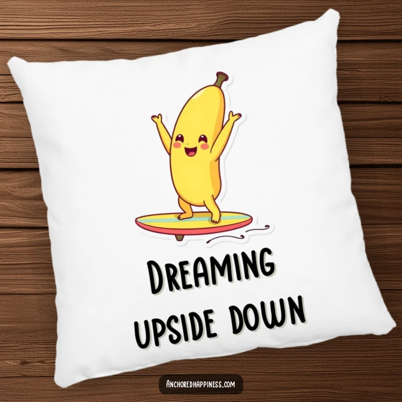 Funny smiling banana doing a handstand on a tiny surfboard, a humorous pillow for cozy comfort.