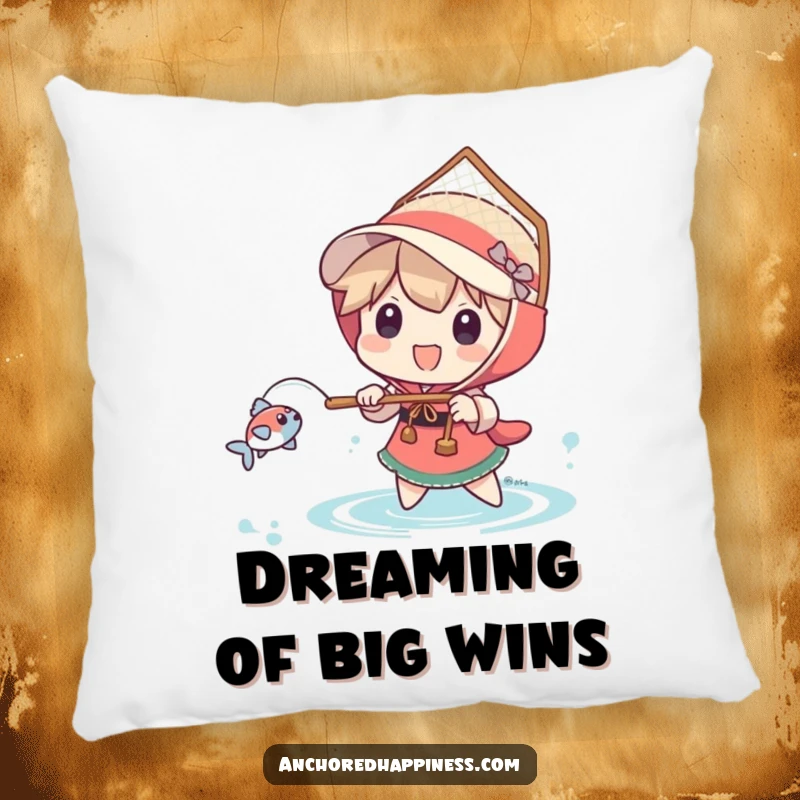 Funny pillow with a character happily using a comically large net for a tiny fish, adding comfort and humor.