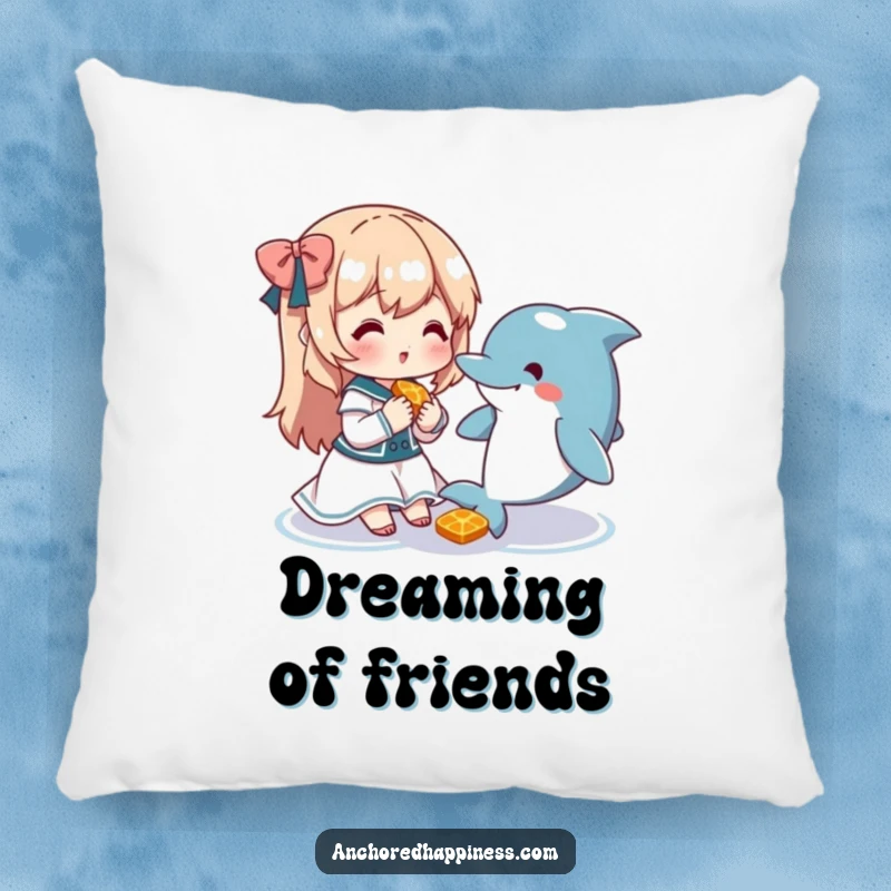 Funny pillow with a cute character sharing a snack with a friendly dolphin, perfect for cozy, heartwarming decor.