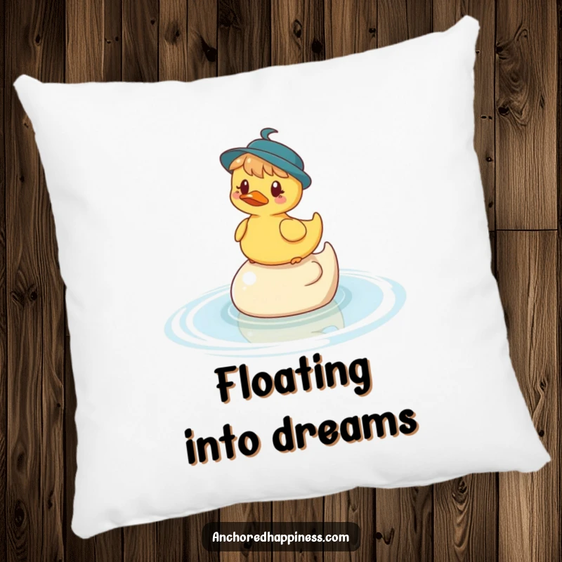 Funny pillow featuring a whimsical character humorously balanced on a rubber ducky in the water, offering comfort and a splash of humor.