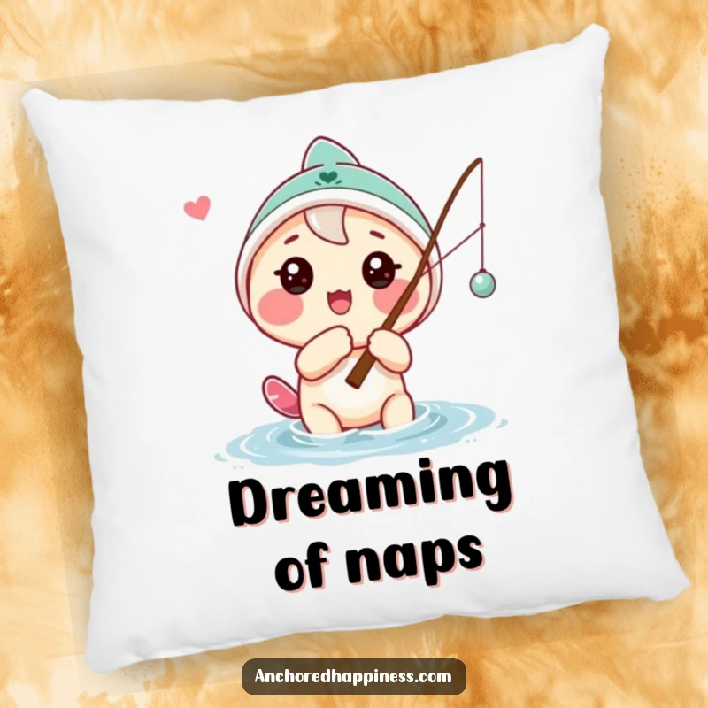 Funny pillow with a playful character casting a fishing line with a hopeful expression, offering comfort and a humorous angling theme.