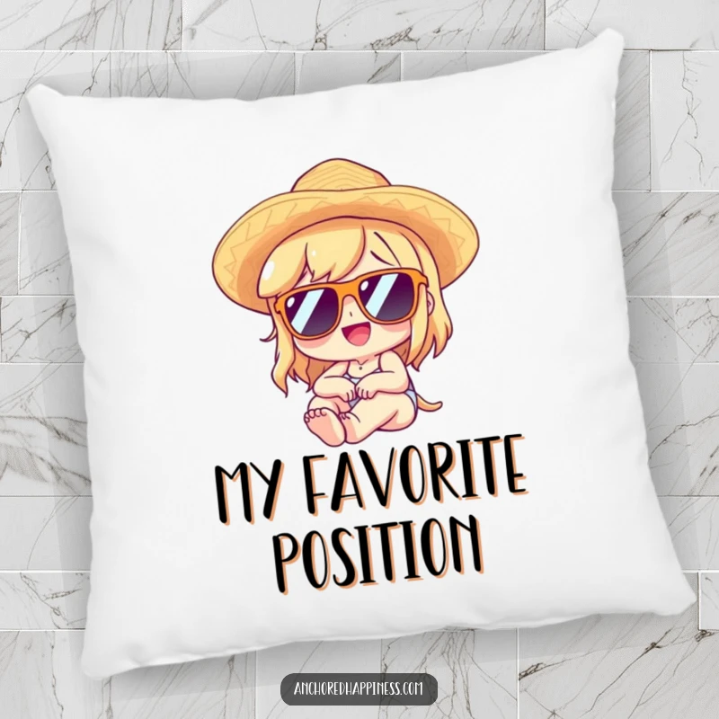 Funny pillow with a character wearing sunglasses and a straw hat, lounging with delight, adding comfort and humor.