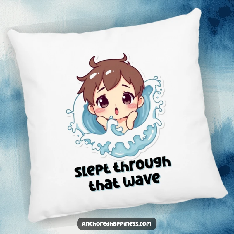 Funny pillow with a character looking surprised as a wave playfully splashes them, soft and humorous decor for sofas and beds.