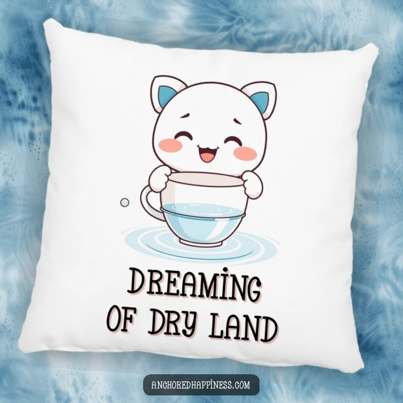 Funny pillow with a grinning character comically bailing water using a tiny teacup, soft and humorous decor for relaxation.