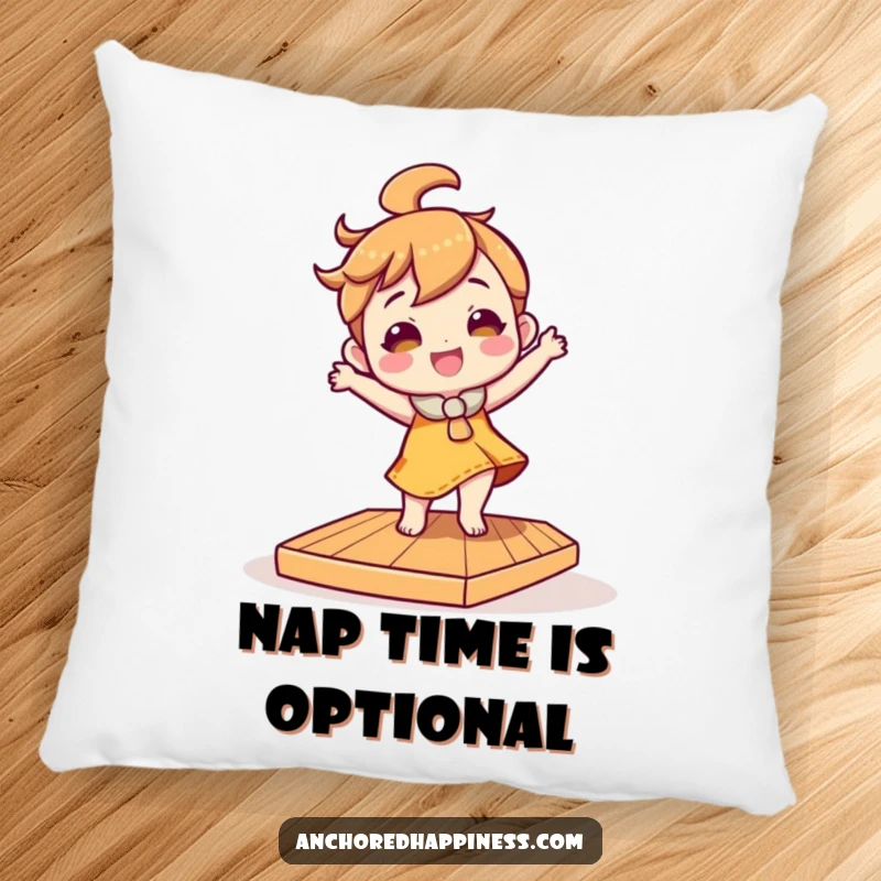 Funny pillow illustration of a character doing a hilarious dance on an unstable, tilted wooden deck, adding comfort and humor to any room.