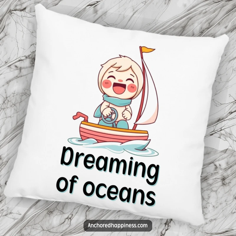 Funny pillow featuring a beaming character giggling while steering a tiny toy sailboat, offering cozy maritime whimsy.