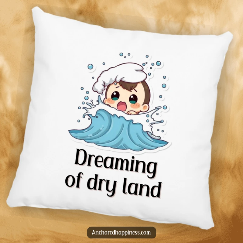 Funny pillow with a character hilariously shocked by a playful wave splash, adding comfort and humor to any room.