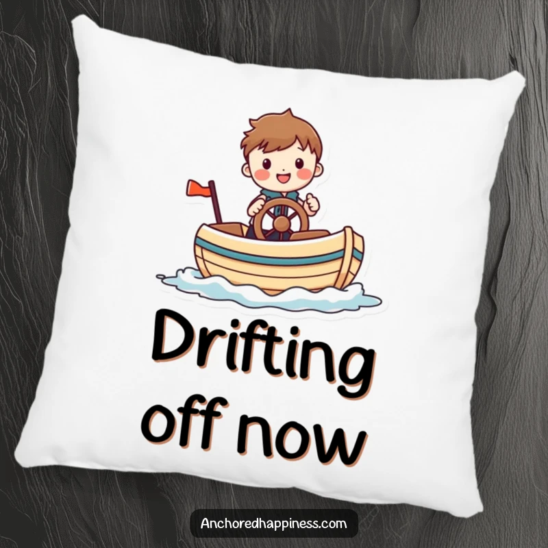 Funny pillow with a cheerful figure comically steering a small, whimsical boat, offering comfort and a playful nautical theme for any room.