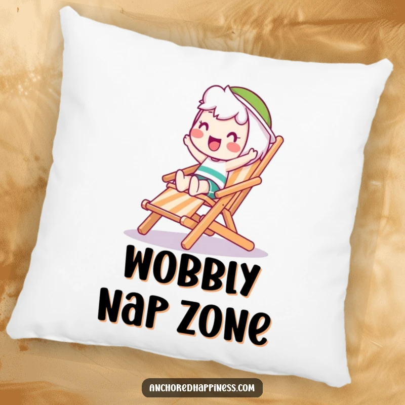 Funny Wobble Pillow: A happy character attempts to balance on a wobbling deck chair, bringing soft comfort and a funny visual.