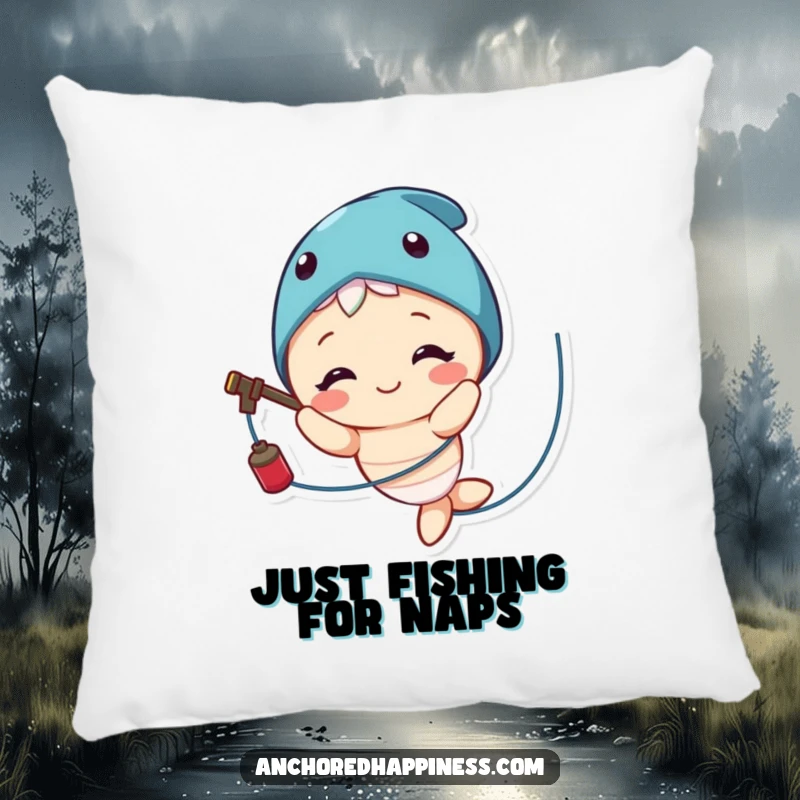 Funny pillow with a cute character who is smiling despite being tangled in fishing line, adding humor to decor.