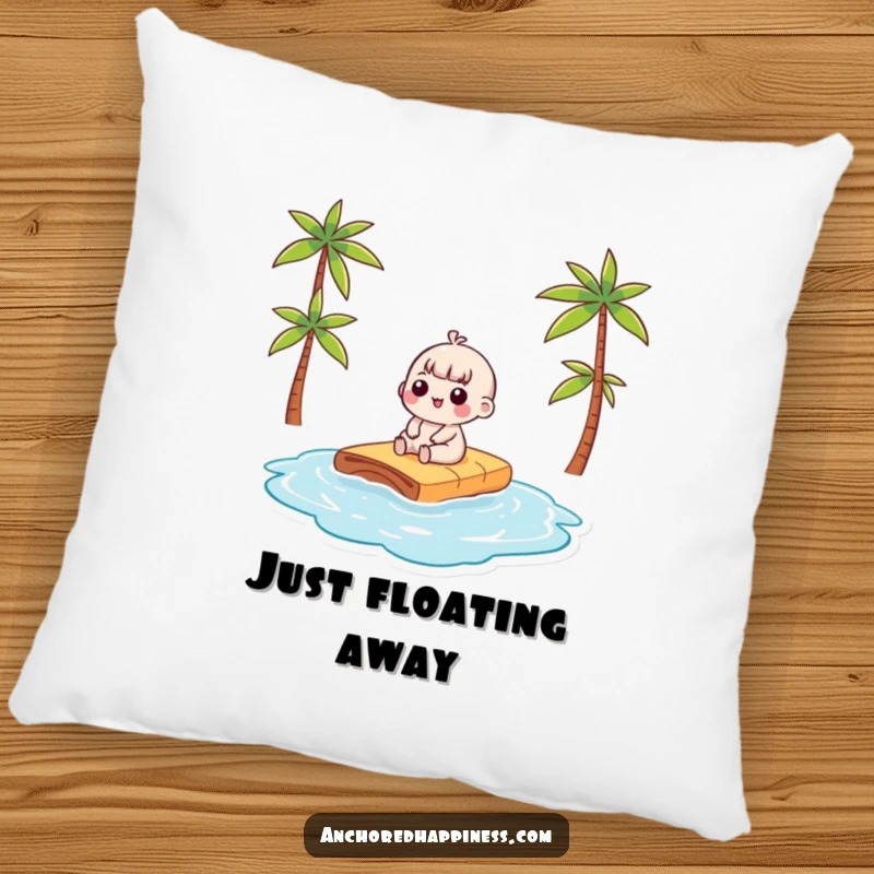 Funny kawaii character sunbathing on a raft, a cute and humorous accent pillow for ultimate relaxation and fun.
