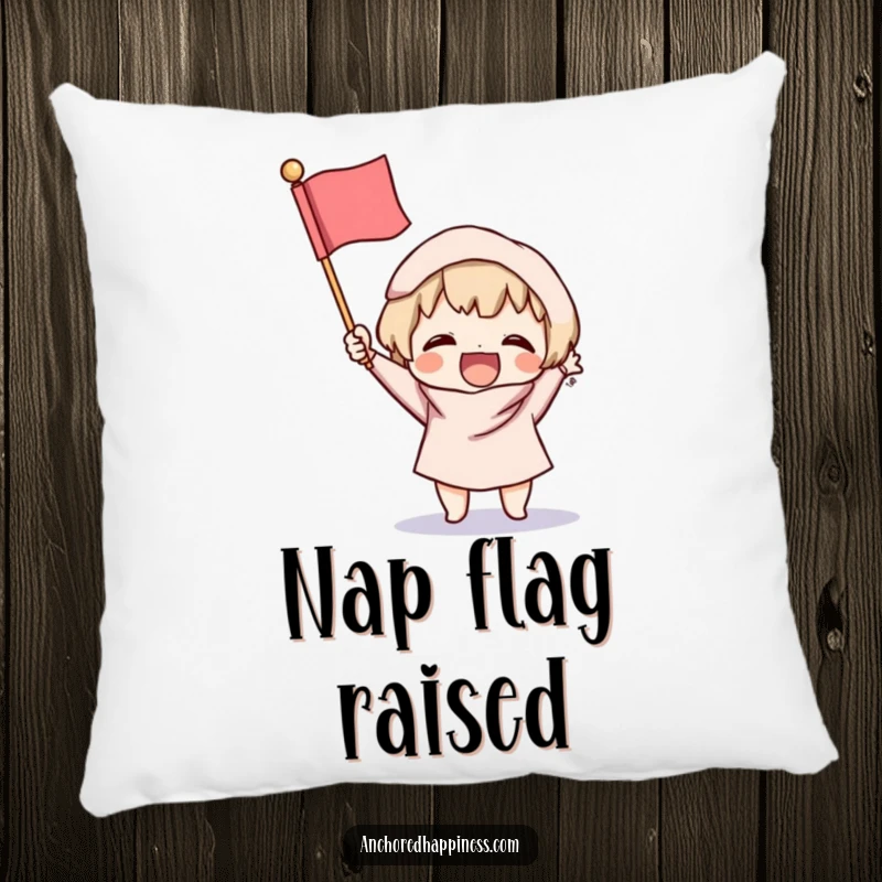 Funny Victory Pillow: A small character excitedly brandishes a tiny, fluffy flag, offering soft comfort and a symbol of pure, happy celebration.
