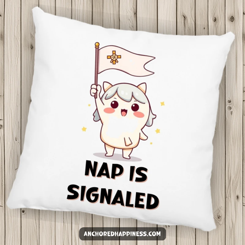 Funny pillow featuring a cute character enthusiastically raising a signal flag, adding cozy enthusiasm to any space.
