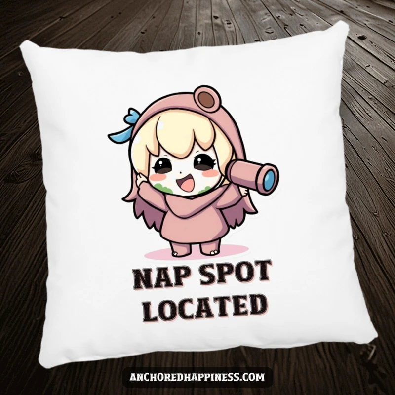 Funny kawaii explorer pillow, character joyfully spots land with spyglass, soft and decorative, celebrating adventure and comfort, humorous gift.