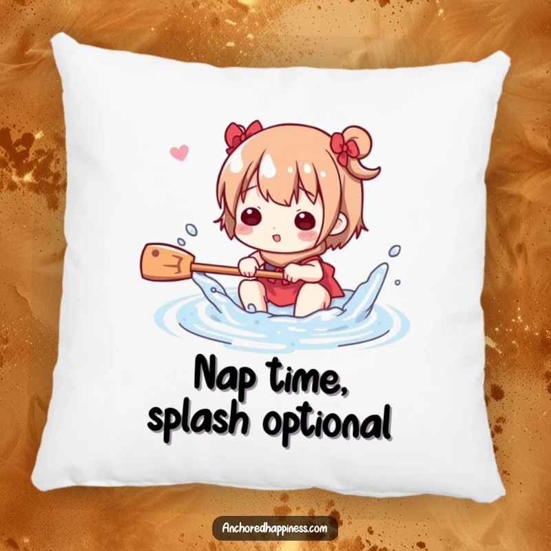 Funny Pillow: Cute character playfully splashing water with a small oar, bringing cozy, splashy fun, a comfortable funny gift.