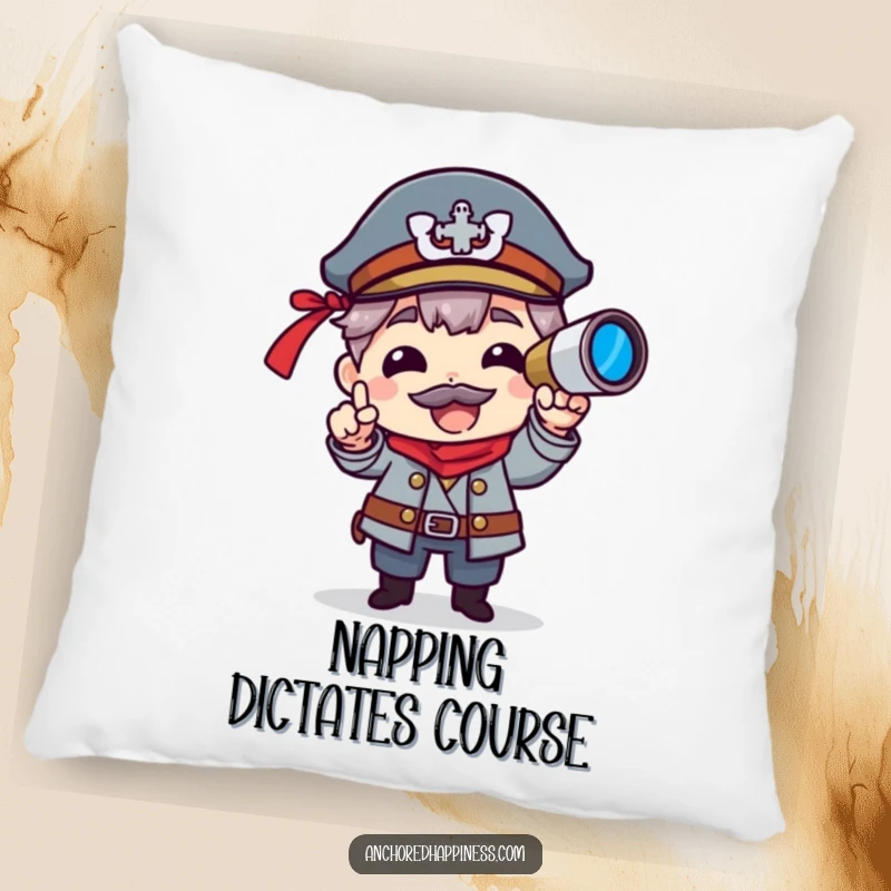 Funny pillow featuring a character as a captain, holding a spyglass, offering comfort and nautical humor.