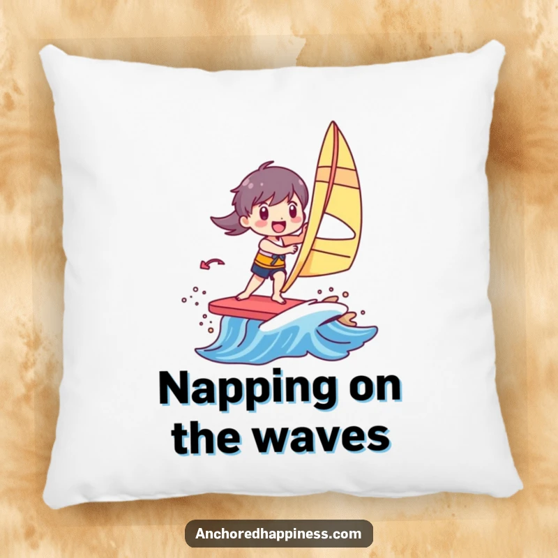 Funny pillow with a character joyfully windsurfing on a small, colorful wave, adding comfort and a splash of water-themed humor.