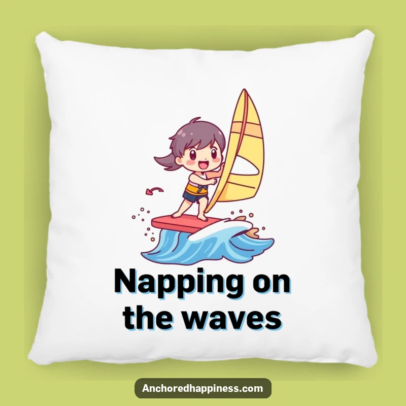 Funny Windsurfer Pillow: Rest Your Head on Joyful Character Riding Colorful Wave, A Comfy Funny Gift