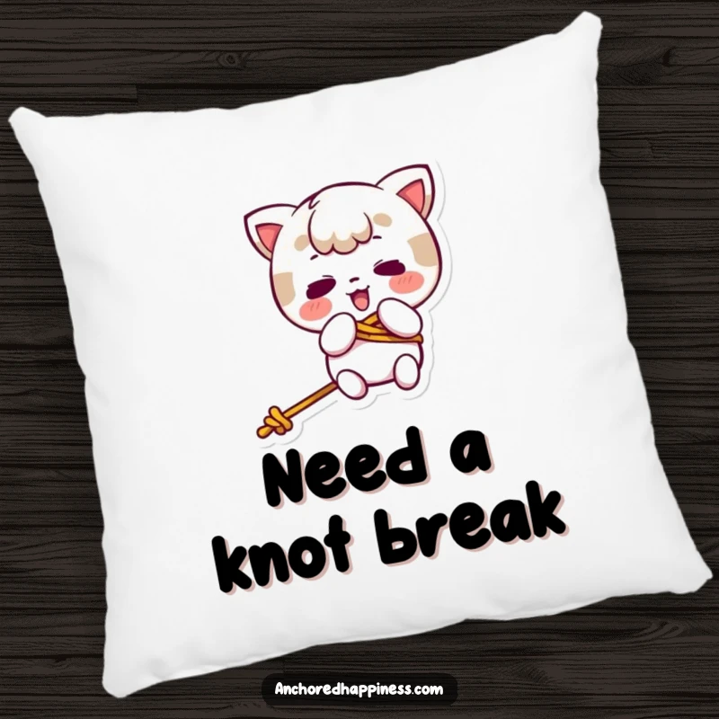 Funny kawaii character comically tangled in rope, a humorous and cozy accent pillow for ultimate relaxation and fun.