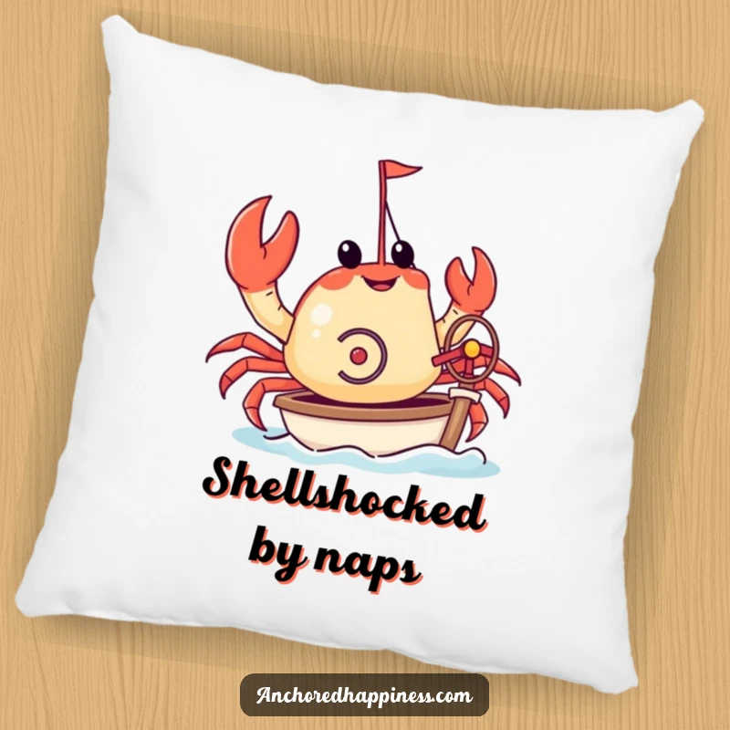 Funny pillow showing a crab attempting to steer a miniature yacht with its pincers. Soft, humorous decor for sea lovers. Cozy and comical.