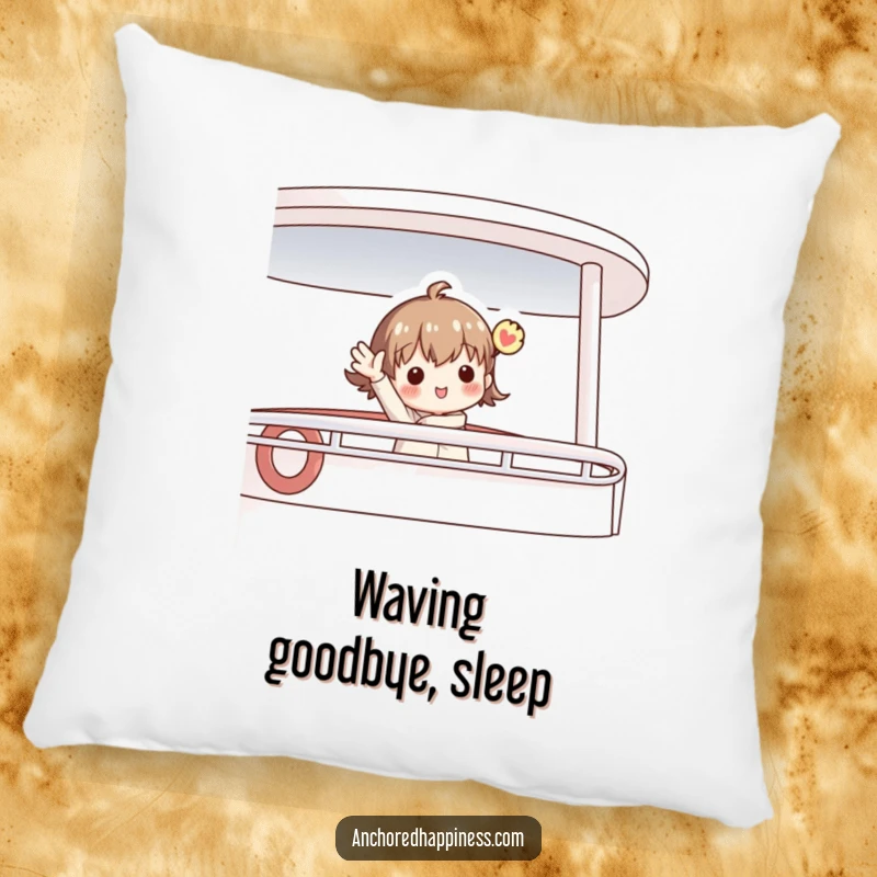 Funny pillow with a charming figure enthusiastically waving from a boat deck, offering comfort and a cheerful nautical theme.