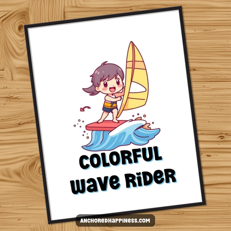 Funny digital art print of a character joyfully windsurfing on a small, vibrant, colorful wave, perfect for dynamic decor.