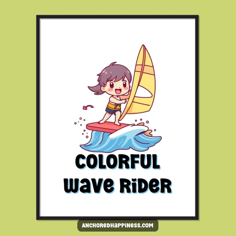 Funny Windsurfer Digital Art Print: Joyful Character on Colorful Wave, Instant Funny Gift and Decor